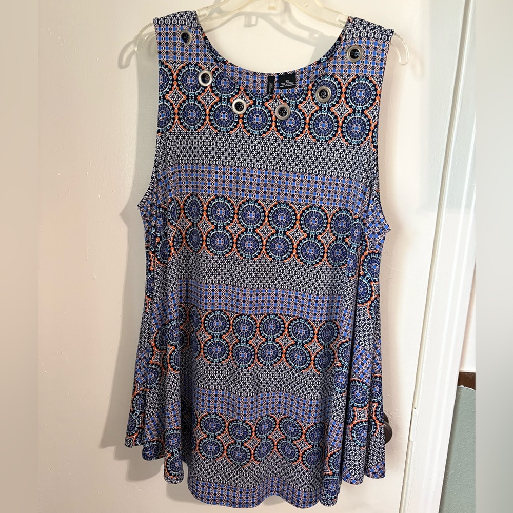 New Directions Blouse Womens 2X Blue Orange Sleeveless Grommet Top